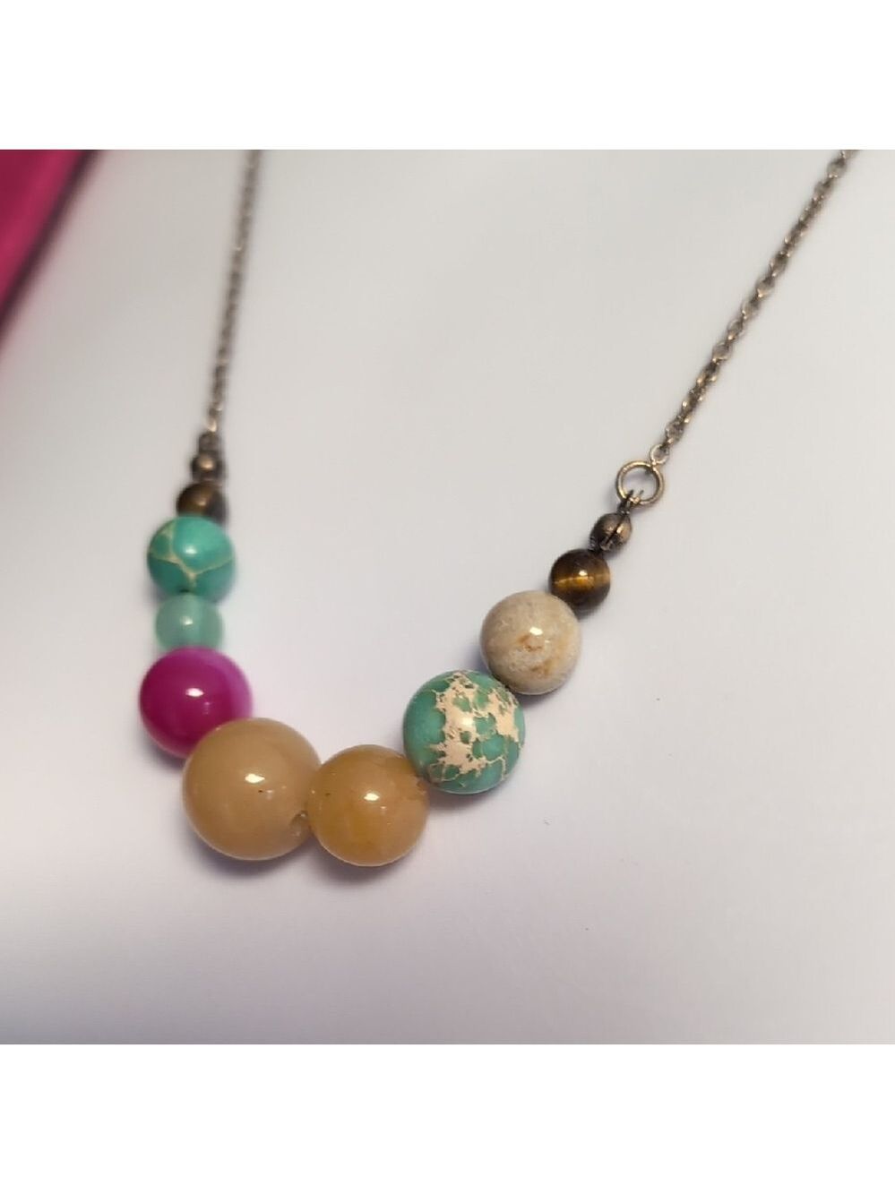 Beaded Stone Necklace in Pink, Turquoise, and Gold